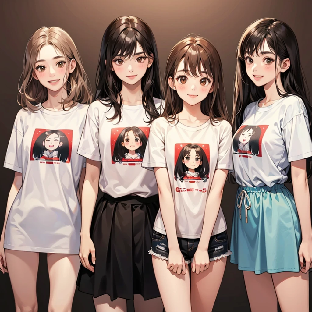 four girls, black hair, long hair, shill, Bob, smile, Still face,Light blush on the cheeks, brown eyes, simple background, high resolution, brown hair, Stand in line., Wear a t-shirt