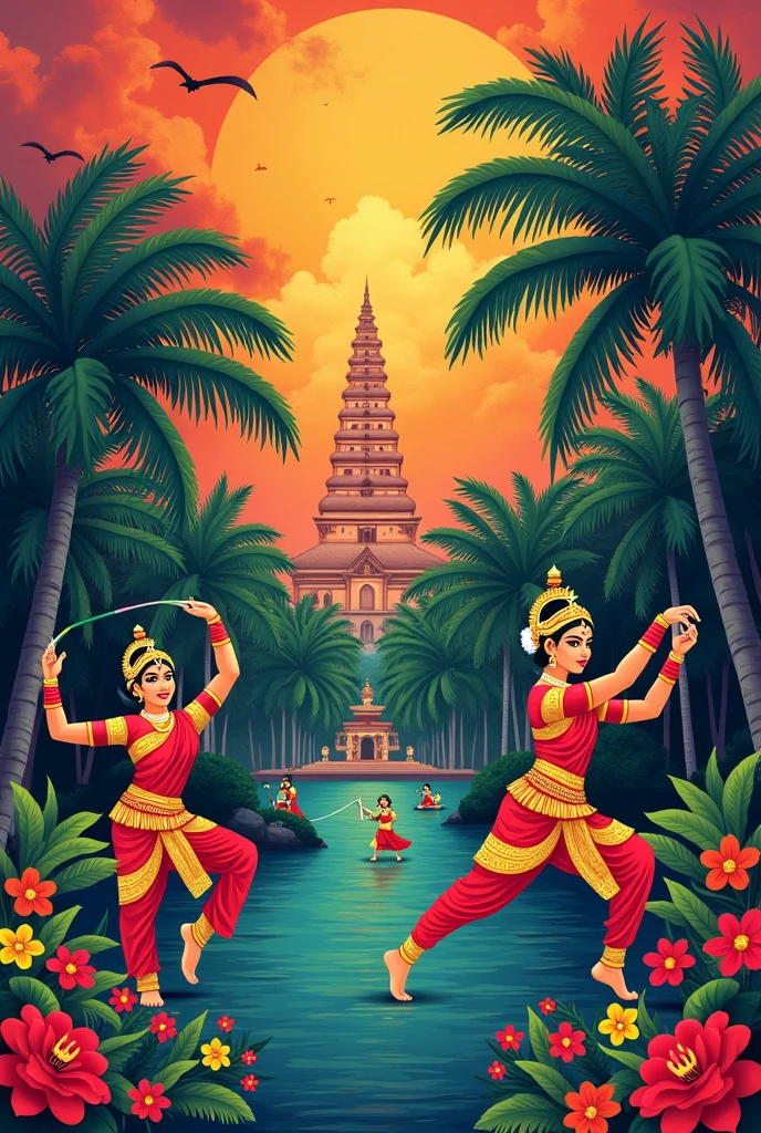 Please generate an image for a poster background with kerala traditional art forms as watermark.. can you add some art forms too? Can you please add some paint brush, microphone, dancing traditional ones , and any instrument too