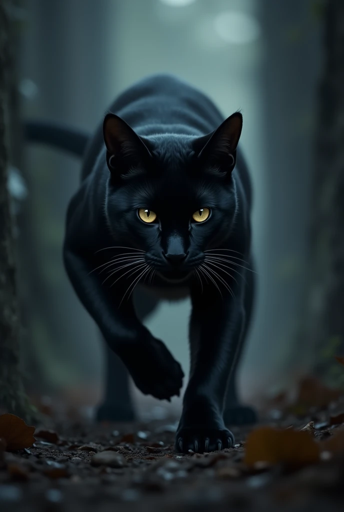 A black cat emerging from the darkness in an imposing pose like a black panther watching its prey.