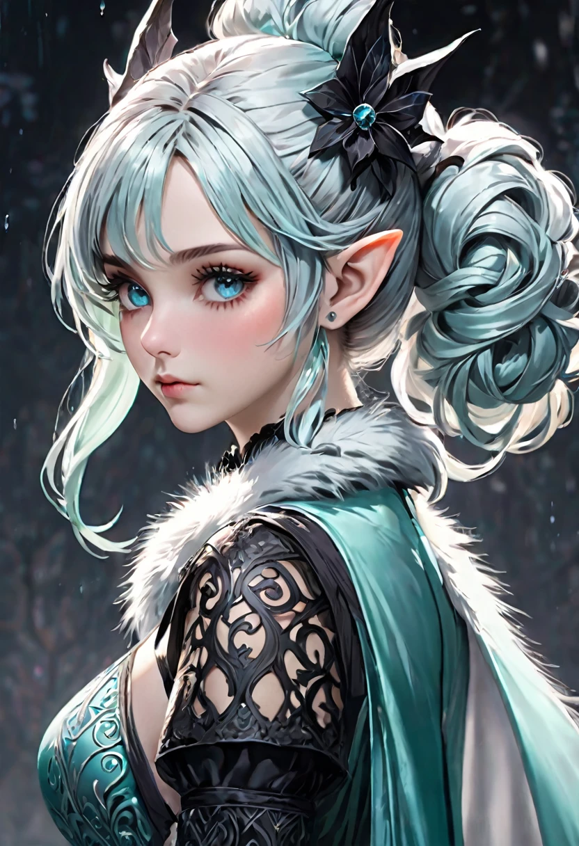 (masterpiece), (best quality half body), ultra realism, 1female, cold color scheme, looking at viewer, (silver_color_with_streaks_tied_bun_hairstyle, beautiful bangs, curls, forehead, hairclip), wearing Nordic fur, fur boots, Dracula teeth, elf ears, intricate detailed aqua eyes , pointy face, small eyes, soft smile, perfect anatomy, dynamic pose, intricate details,
