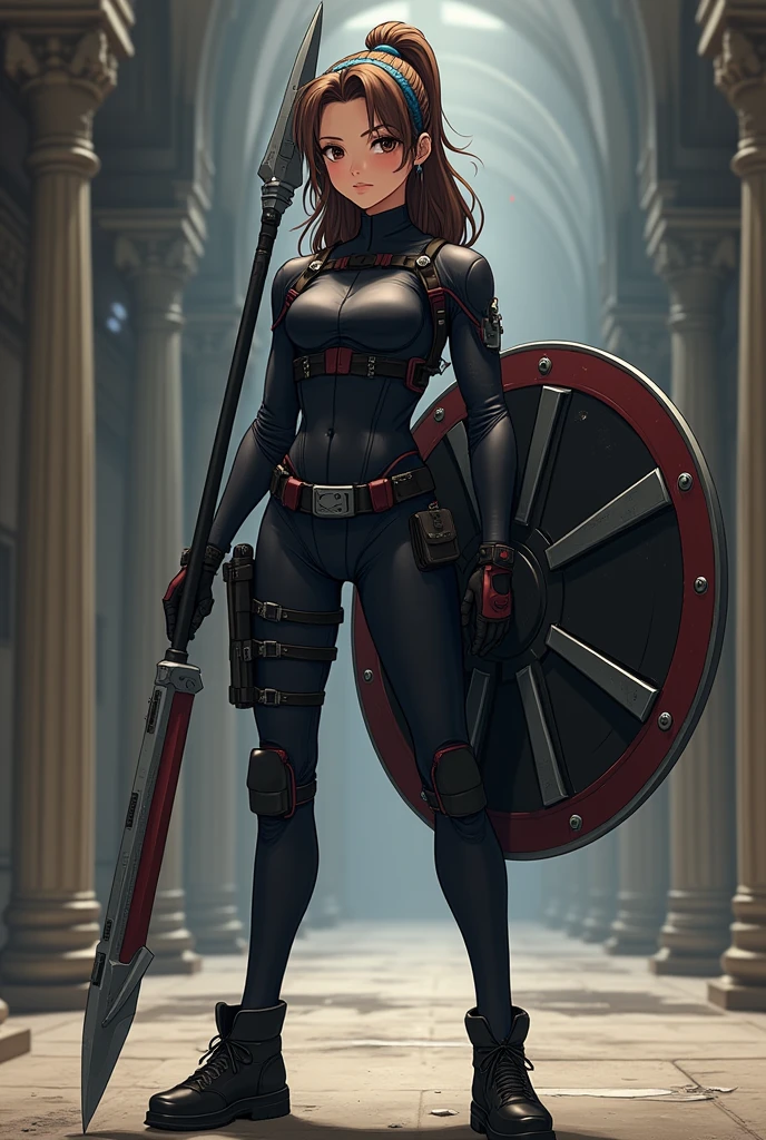 A tall woman. Athletic and well-defined figure. Oval face with firm and well-defined features. High and defined cheekbones, serene expression. Large dark brown eyes. look closely. Long, wavy hair, brown in color, kept tied in a bun. small straight nose. Full, well-designed lips, often adorned with a neutral-colored lipstick. Your skin is clear and even, with a rosy hue. Doesn't have many visible marks or scars, except for fine scars on her arms and hands. She wears a body-hugging combat suit, made from a lightweight material, Flexible and durable. The suit is black with dark red details, designed to allow maximum mobility and discretion. Has hidden pockets and compartments for storing small tools and weapons. She wears black combat boots that reach halfway up her calf, with non-slip soles and reinforced tips for additional protection. black fingerless gloves, made from the same durable material as the suit, providing better grip on her daggers and surfaces. A black belt with various pouches and compartments for storing additional daggers, smoke grenades, and other tactical equipment. Her spear is long and sharp, with a tempered steel blade and a reinforced handle. Her shield is sturdy, made of an impact-resistant material, com detalhes em prata e azul. The spear is carried on a strap on her back, while the shield is strapped to her left arm. A small device attached to her ear. A dark blue headband. calm and determined expression. She displays a slight friendly smile. Hall in the background. anime styling.