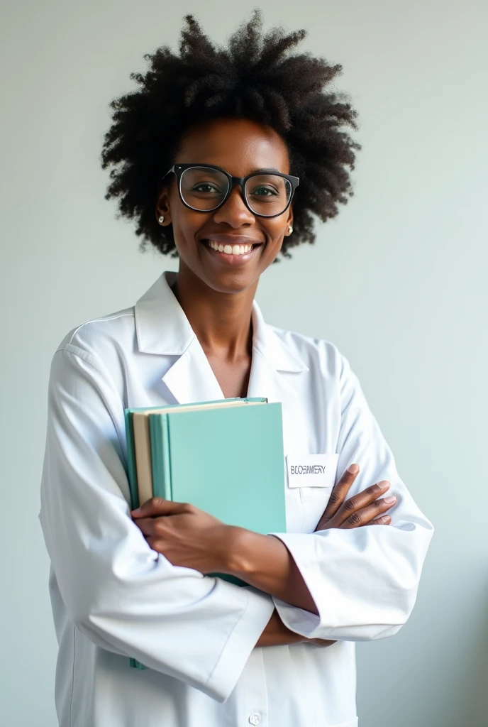 A profile picture of a Black woman, wearing prescription glasses, wearing a white lab coat with a biochemistry badge holding some books.