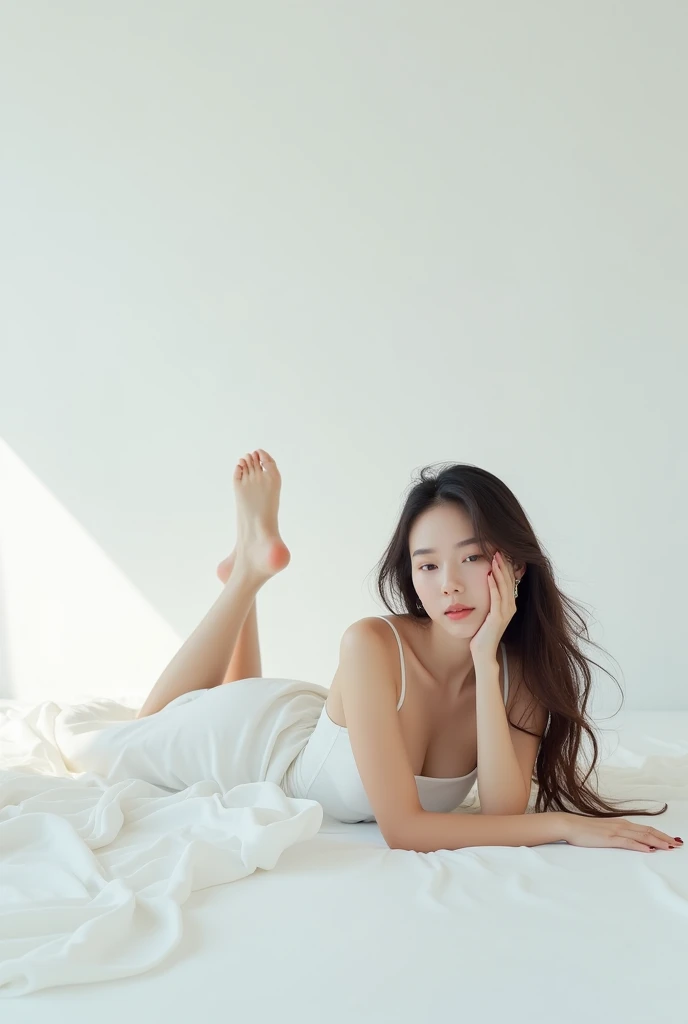 A 30-year-old woman lying on a white floor,Long Hair,White Dress