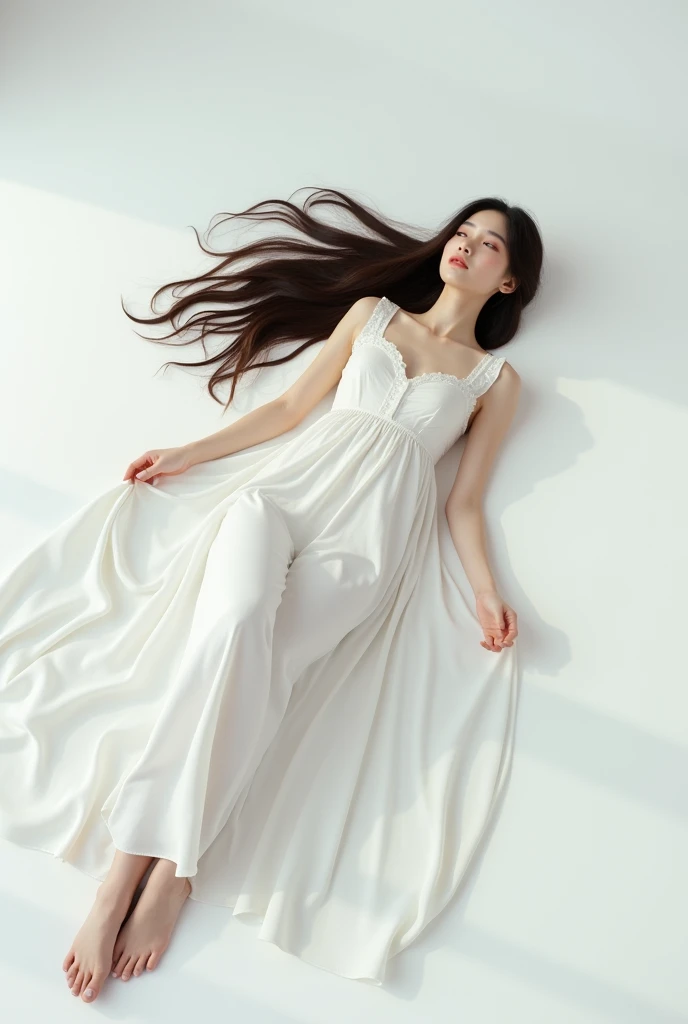 A 30-year-old woman lying on a white floor,Long Hair,White Dress