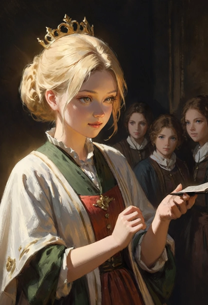 score_9, score_8_up, score_7_up, score_6_up, score_5_up, score_4_up, A blonde girl standing, royal clothes, black background, dramatic diagonal lighting, painterly, realistic painting, soft feature, detailed hands, detailed, rembrandt lighting, artwork of upper body
