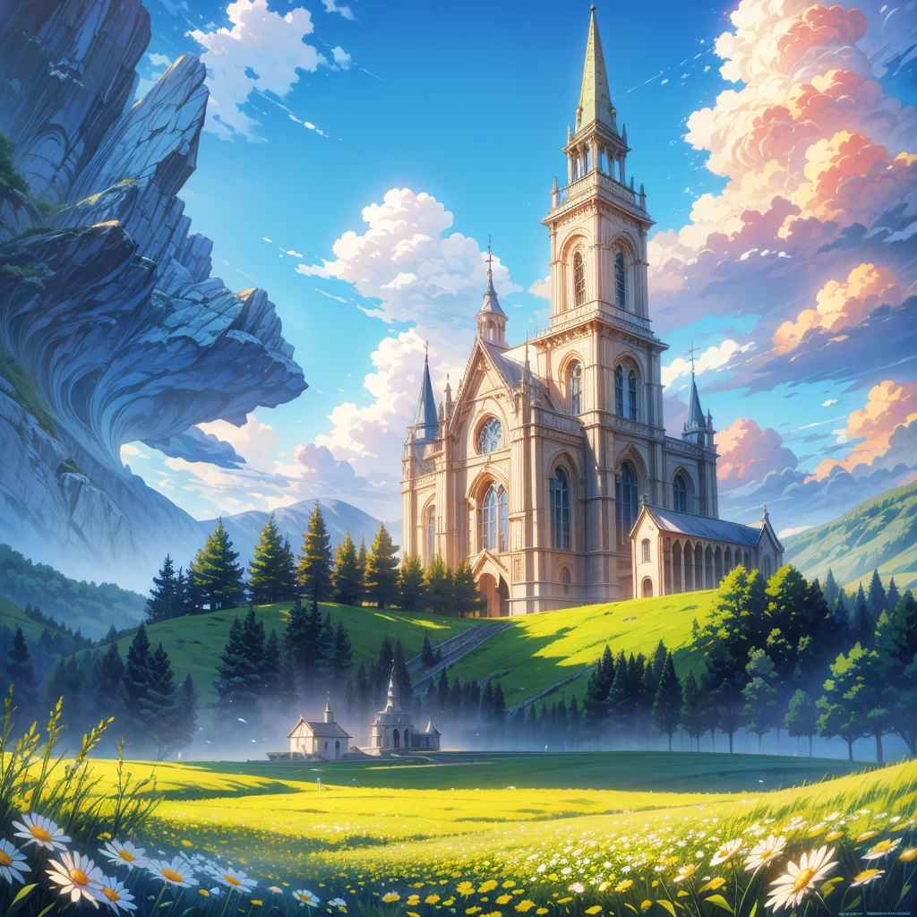 a painting of a church in a field of daisies, white church background, inspired by Guido Borelli da Caluso, background of flowery hill, church background, church painting, romanticism landscape painting, by Shin Yun-bok, scenery artwork, anime countryside landscape, by Christophe Vacher, anime beautiful peace scene, highly detailed landscape, sunny day background, 4k professional painting, game, detailed key anime art, illustation, a beautiful artwork illustration, beautiful digital painting, highly detailed digital painting, beautiful digital artwork, detailed painting 4 k, very detailed digital painting, rich picturesque colors, gorgeous digital painting