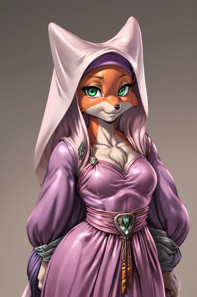 fox, furry female anthro,HD,sharp,girl((anthro)),1girl,adult lady,(look at viewer) ,(perfect eyes),((brown skin)),(beige skin),maidmarian,green eyes,by dr comet,by pochincoff, by jlullaby,by kingbang,by obui,by ZeroQrisu,by sparrow,by gmeen,princess,pink outfit,((simple background)),(gray background)