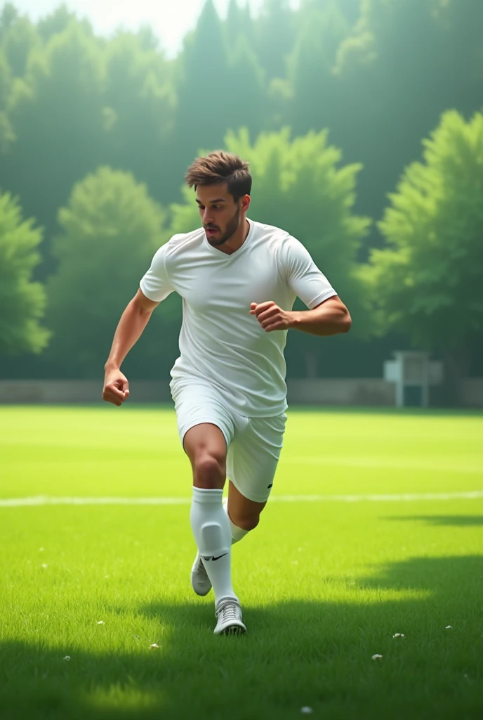 Crate a 2d image of a football player playing football in green field. Don't show his face and dont make him black or too white. He is wearing white jersey 
