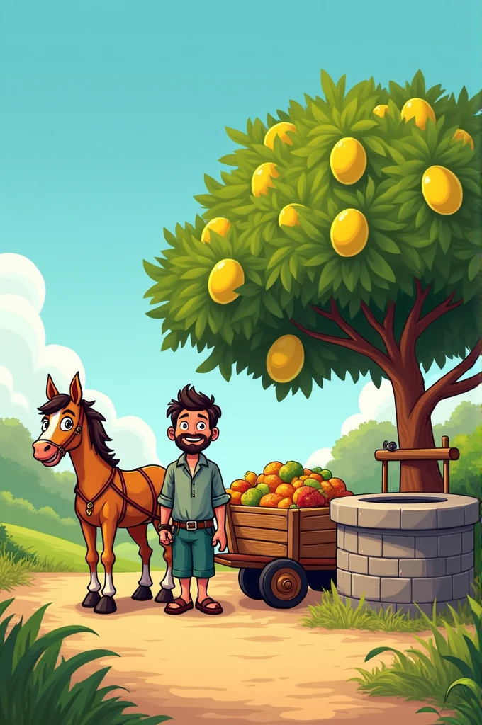 The horse, cart, and man are standing by the well, with a mango tree planted beside it. Cartoon character.