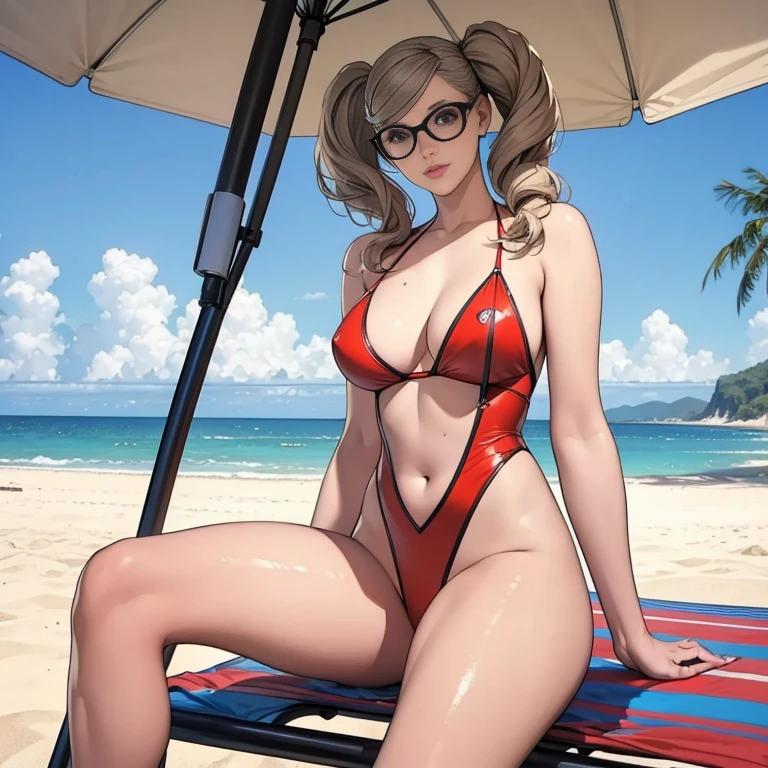  ((Master quality, 8K, masterpiece:1.3, ultra-detailed, high resolution, RAW Photos, detailed Realistic background, cinematic lighting)), Actual, Realistic, photo, HDR, BREAK, detailed eyes, perfect anatomy, perfect hands, BREAK, , One person alone, dsann(persona 5), beautiful , (Sitting on a Sun_lounger and posing sexy, spread legs), blonde twin pigtails hair, ( Round and Stacked Breasts ), , Cleavage, Slim waist, , smile:1.5, Sweat-soaked skin, BREAK, wearing( Slingshot Swimsuit, Red-rimmed Sunglasses tilted on her head), , Graffiti art, BREAK, ( Random Angle, full-body, ), dynamic angle, Beach_parasol, Beach cocktails on a round table, outdoor, beach