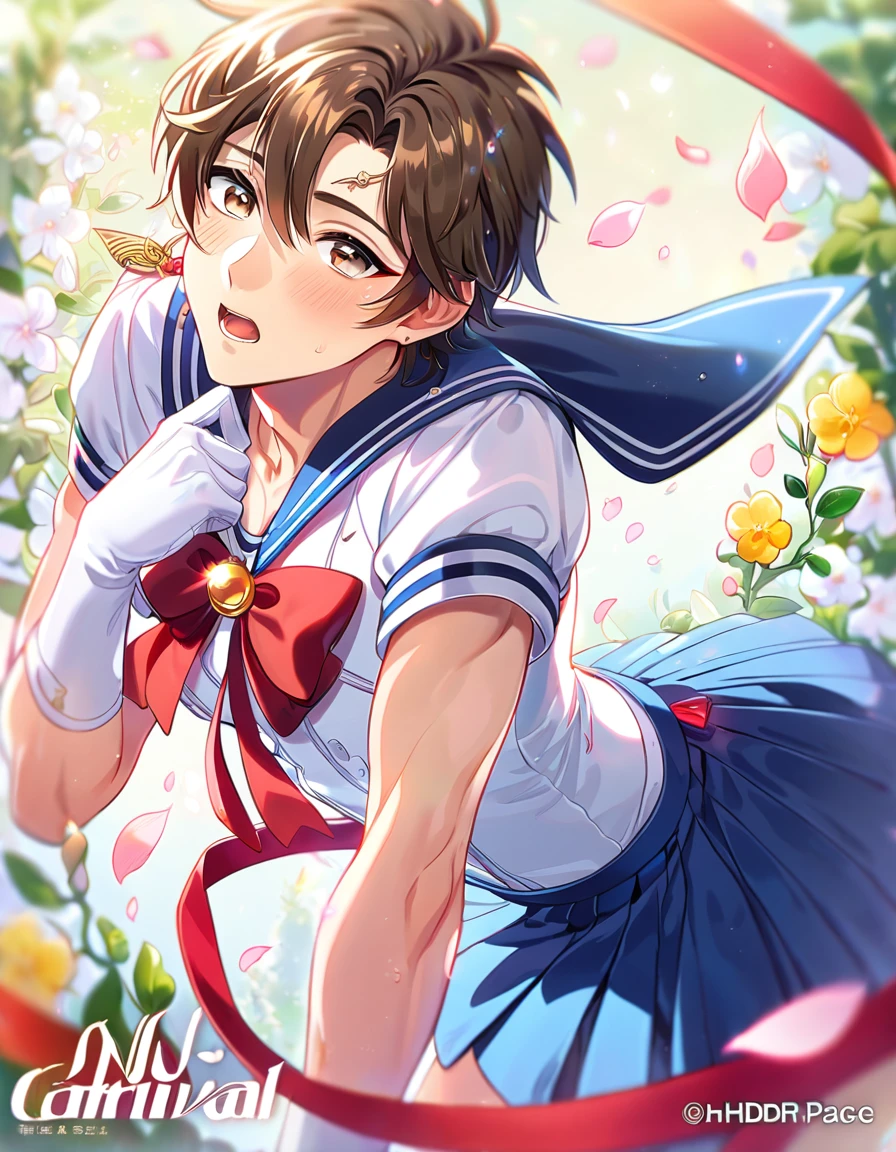 absurdres, highres, ultra detailed, HDR, master piece, best quality, extremely detailed, detailed eyes, Eiden, brown hair, expressive brown eyes, Nu Carnival, solo, sexy man, handsome, horny, fantasy, accessories, long white gloves, sailor moon uniform, white shirt, red ribbon, blue skirt, spring, flowers, green leaves, magical garden, white fantasy, petals, sailor moon