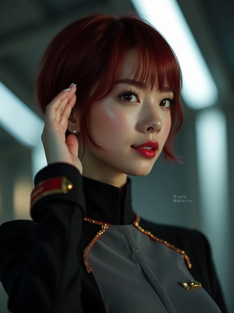 (Model shooting style), Lonely, Shiny Hair、 Extremely rich facial detail, 美Shii目, bright, さびShii目, Stunning beauty, (Rembrandt Lighting), ARRI Lenses, Surreal, (Skin with attention to detail:1.2),8k,ARRI ALEXA 35,White Promist, Dramatic Rim Light, high quality,とても繊細で美Shii, 素晴らShii, In detail, masterpiece, Very detailed, High resolution,Best Shot, Best Shadow,Complex,Sharp focus, high quality, alone.cute,美Shii肢体、Flexible muscles、美Shii尻、Lens flare,Beautiful breasts,Cool eyes,Glossy Lips,smile,Glowing Skin,Cinematography, Portrait Photography,
Earth Federation Forces。Lieutenant Matilda。Short reddish-brown hair。Black and gray two-tone uniform。Dark Eyes。Red Rouge。brightグレーの制帽に地球連邦軍のエンブレム、Black brim。brightグレーの制帽。Red cuffs。Gold decoration on the collar。
sexly。Slender。
Military ship 、Command Room。
Beauty。Beautiful breasts。Is saluting。In the left hand is the evaluation file.。
masterpiece、Highest quality、8k、uhd、High definition、Fine skin quality。Realistic、
From the waist up
(saluteをしている)、(Holding a file notebook under the arm)、Rin々Shii。The charm of an adult woman。salute。