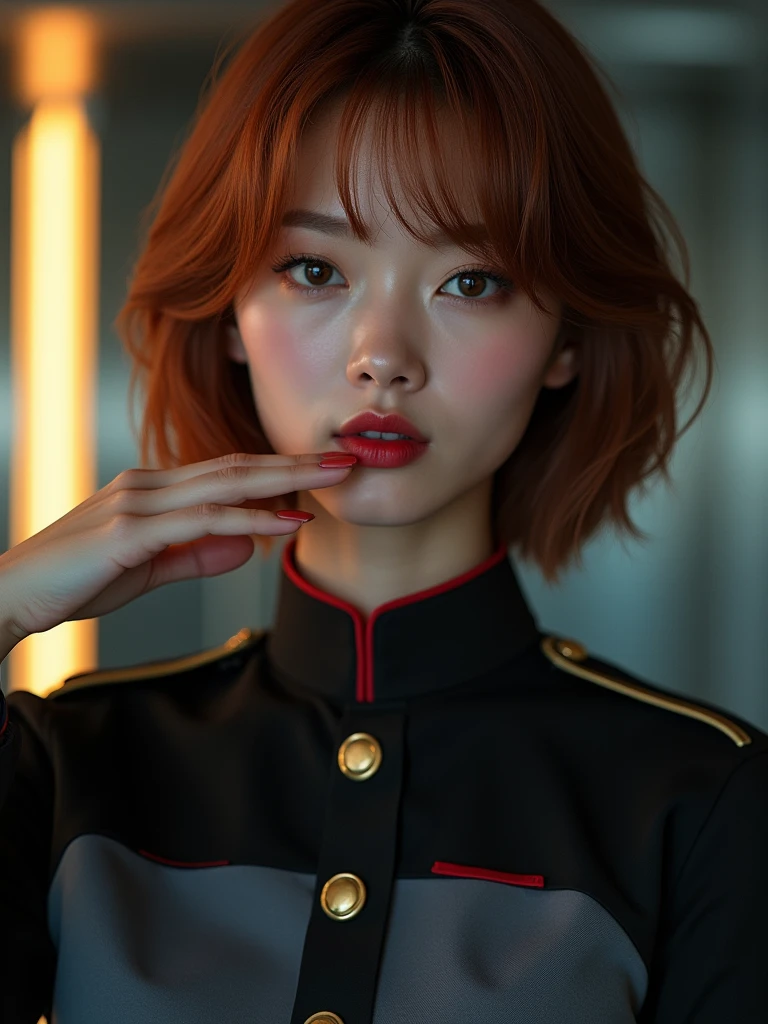 (Model shooting style), Lonely, Shiny Hair、 Extremely rich facial detail, 美Shii目, bright, さびShii目, Stunning beauty, (Rembrandt Lighting), ARRI Lenses, Surreal, (Skin with attention to detail:1.2),8k,ARRI ALEXA 35,White Promist, Dramatic Rim Light, high quality,とても繊細で美Shii, 素晴らShii, In detail, masterpiece, Very detailed, High resolution,Best Shot, Best Shadow,Complex,Sharp focus, high quality, alone.cute,美Shii肢体、Flexible muscles、美Shii尻、Lens flare,Beautiful breasts,Cool eyes,Glossy Lips,smile,Glowing Skin,Cinematography, Portrait Photography,
Earth Federation Forces。Lieutenant Matilda。Short reddish-brown hair。Black and gray two-tone uniform。Dark Eyes。Red Rouge。brightグレーの制帽に地球連邦軍のエンブレム、Black brim。brightグレーの制帽。
sexly。Slender。
Military ship 、Command Room。
Beauty。Beautiful breasts。Is saluting。In the left hand is the evaluation file.。
masterpiece、Highest quality、8k、uhd、High definition、Fine skin quality。Realistic、
From the waist up
(saluteをしている)(Holding a file notebook under the arm)Rin々Shii。The charm of an adult woman。salute