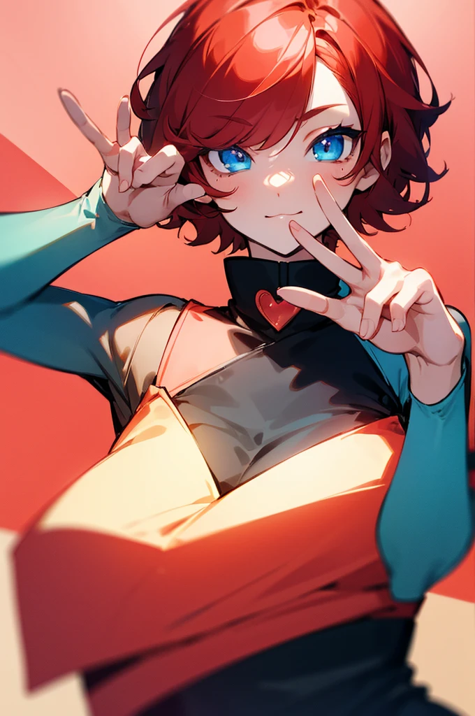 Femboy, Short Hair, Red Hair Color, Blue Eyes, Posing while making a peace sign, kawaii, high res, 8K, masterpiece,