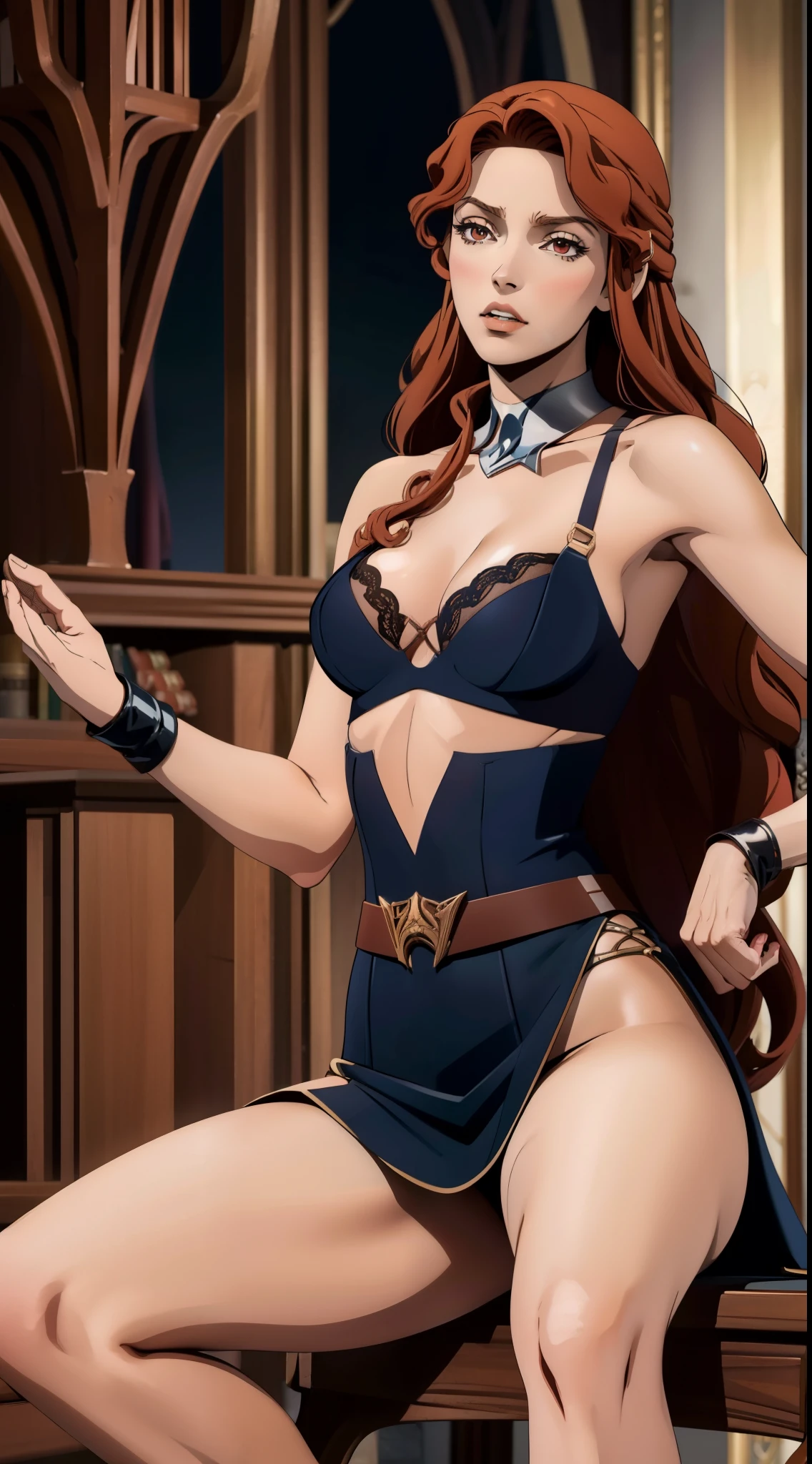 ((foto de corpo inteiro)), ((foto realista)), 1 girl, (colete: 1.2), 8k, high-res, pele finamente detalhada, lingerie, seios enormes, lenore from castlevania, vampire, red hair, skirt, sitting, toned legs, heels, dominant, low angle, upskirt, skinny, fit, skinny legs