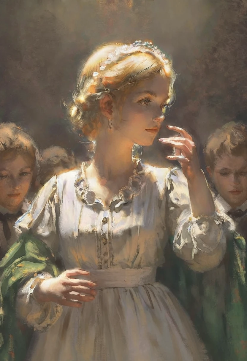 score_9, score_8_up, score_7_up, score_6_up, score_5_up, score_4_up, A blonde girl standing, royal clothes, black background, dramatic diagonal lighting, painterly, realistic painting, soft feature, detailed hands, detailed, rembrandt lighting, artwork of upper body