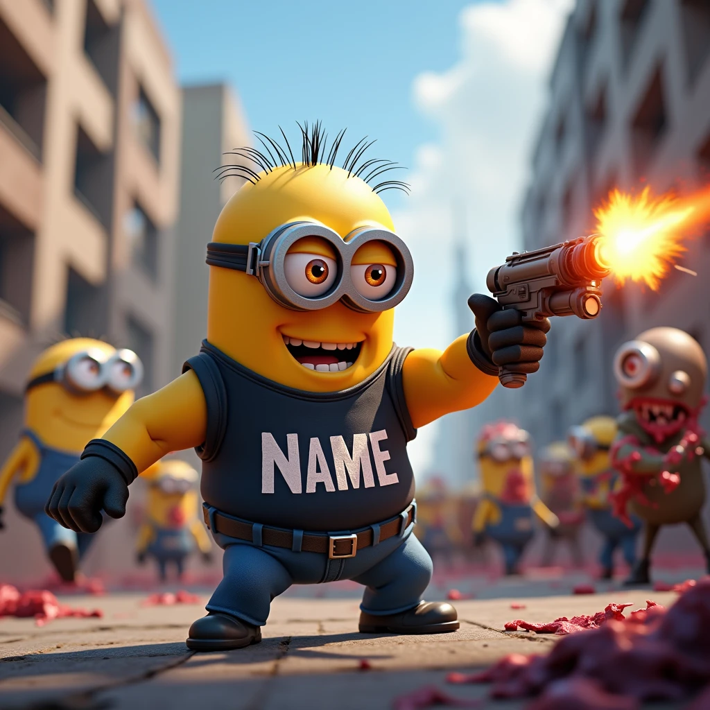 Minion with a name on the t-shirt, A bodybuilder who shoots zombies in 3D