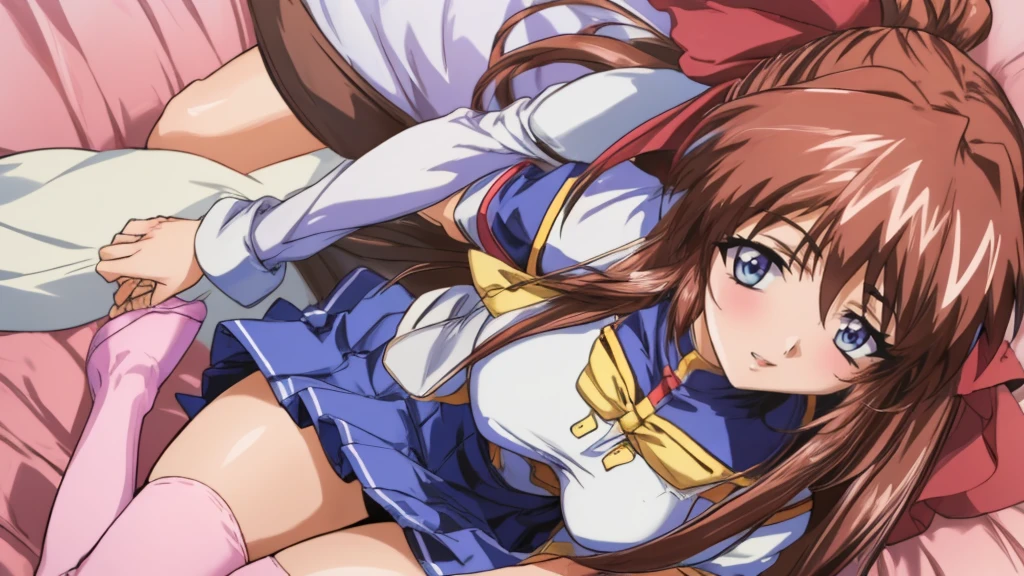 (Anime artwork, Anime Style, Studio Anime, Very detailed, up to date, Vibrant, Anime Coloring Book, High Contrast, masterpiece:1.2, Highest quality, Best aesthetics), (Beautiful and detailed:1.2), Aoikan, 1 person, Hair Ribbon, school uniform, Long sleeve, bow tie, Blue Skirt,Big Breasts、 blush, Cute Smile Open your mouth Lying on a pink bed, Pink Good, From above, Roll up your skirt, Skirt Lift, Pink Panties、No pants,White high knee socks、Two Arms