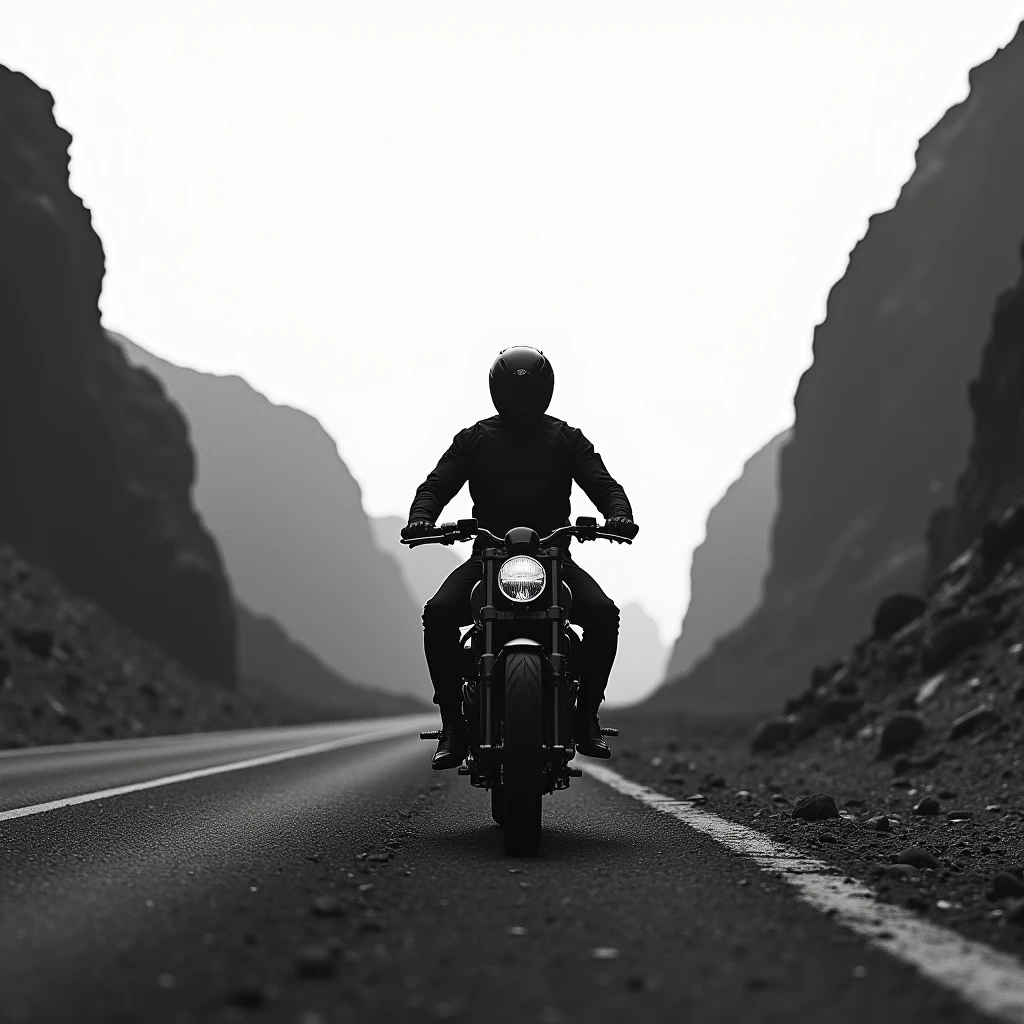 Create a black and white image of a lone motorcyclist with a landscape in the background, but the bike should be a naked bike.