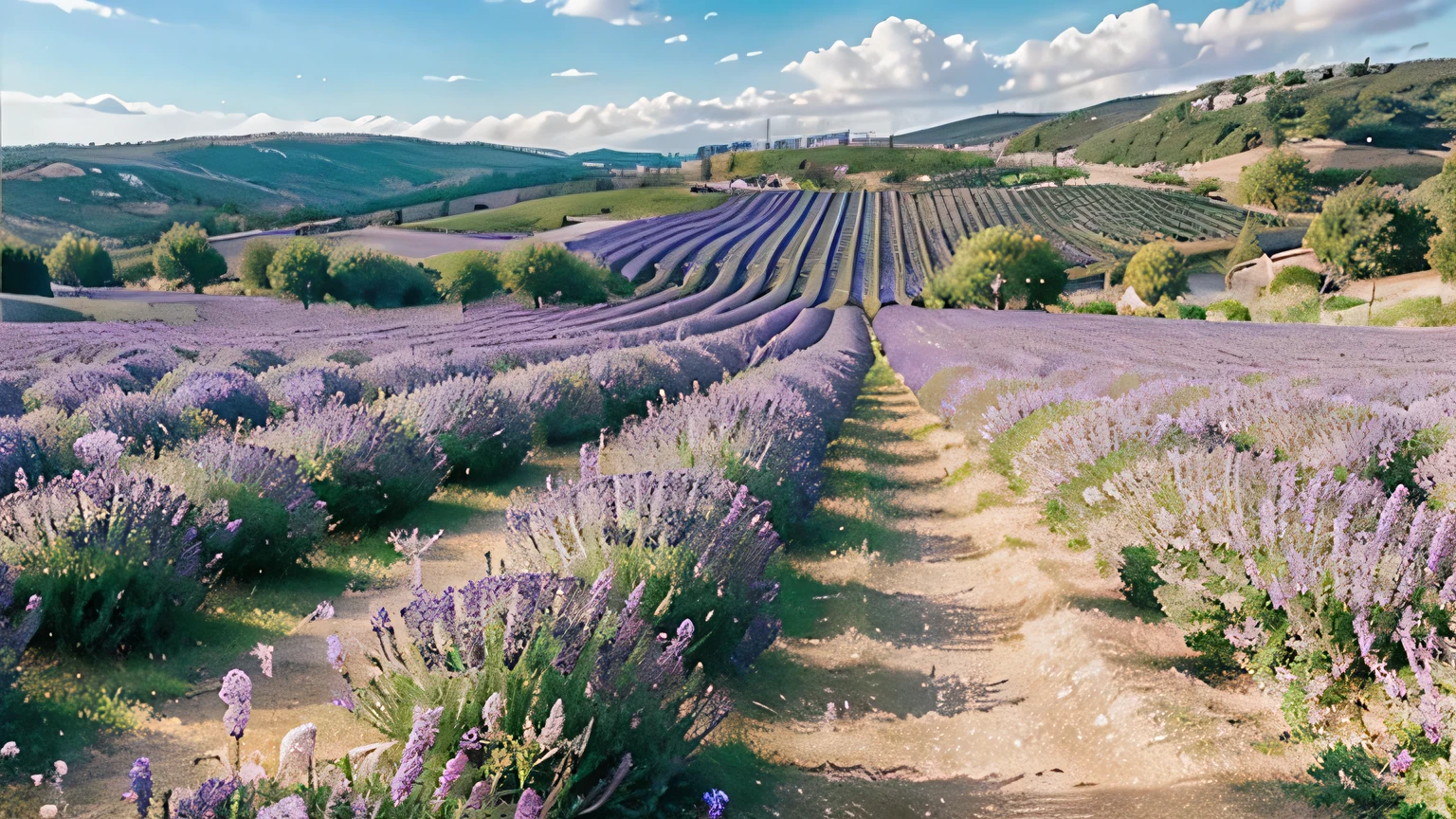a lavender field in Provence, rows of fragrant purple flowers, clear blue sky, dreamy, peaceful, serene, idyllic landscape, rolling hills, warm sunlight, golden hour, impressionistic, pastel colors, atmospheric, ethereal, calming, relaxing, beautiful details, delicate petals, soft focus, natural setting, tranquil, romantic, whimsical, wanderlust, travel destination