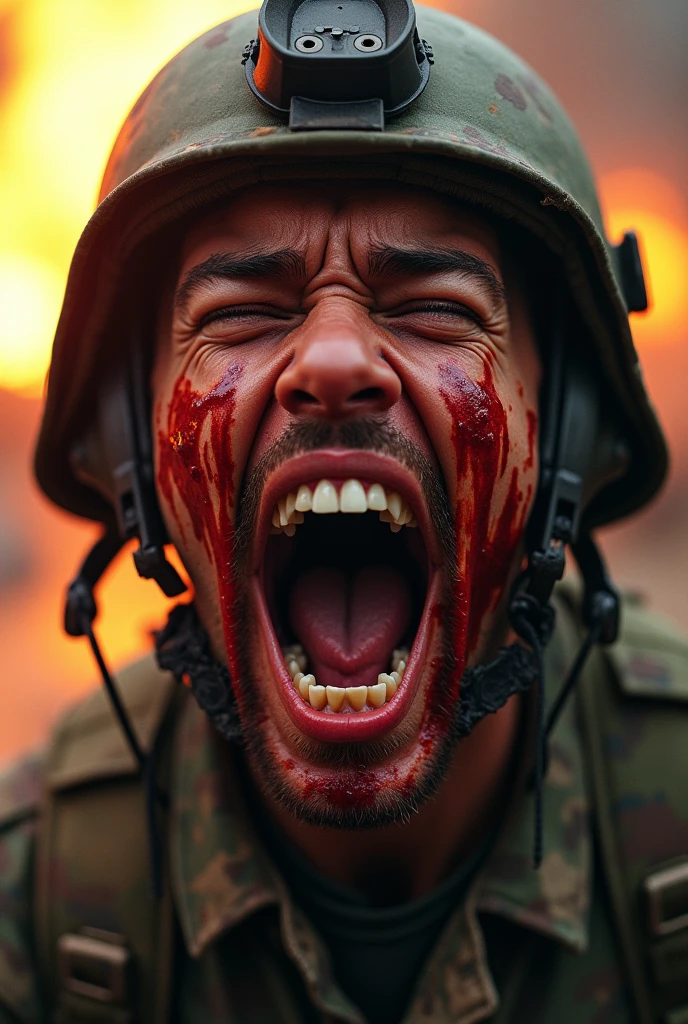Soldier screaming in war, image close to the face, face stained with blood, slightly orange lighting, blurred background, background with explosions and war
