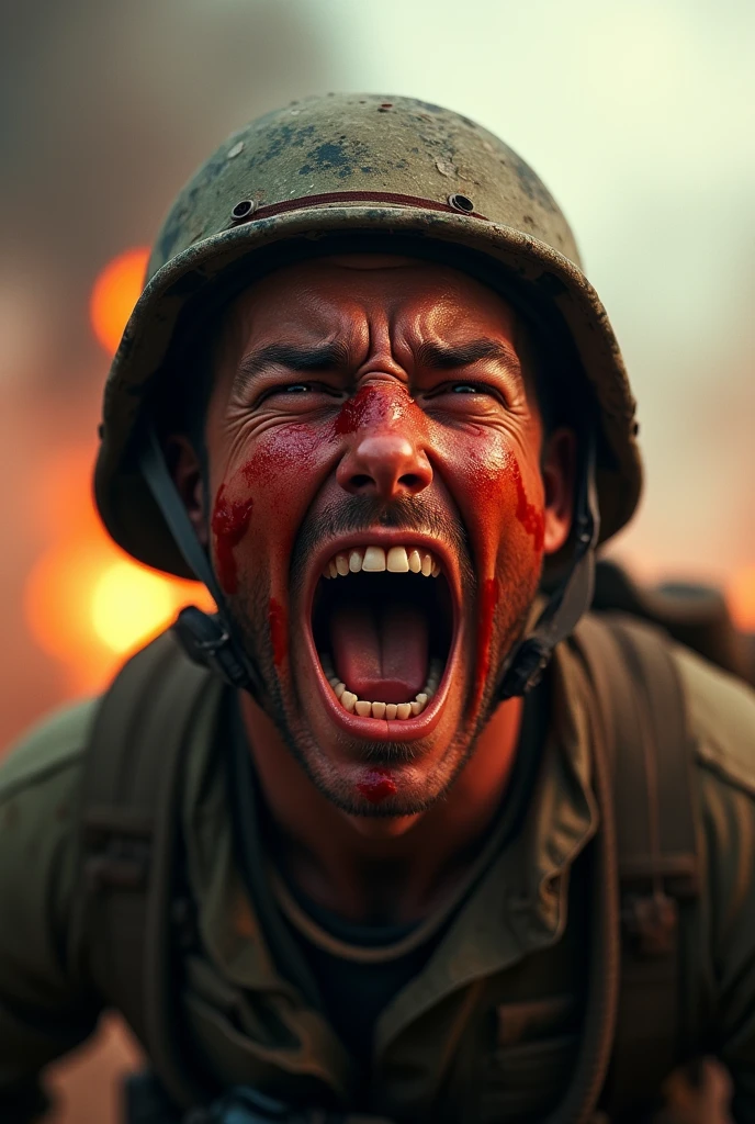 Soldier screaming in war, image close to the face, face stained with blood, slightly orange lighting, blurred background, background with explosions and war