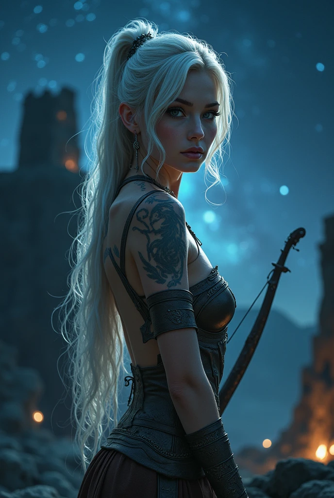 ((High definition, Masterpiece, 8k, Digital Photography, Digital Art)), ((Dark illumination)), contrast, white illumination, A gorgeous archer who is the embodiment of Sagittarius, sexy face, pale skin, tattoos, ((Looking at viewer)), stars at the sky, in front of a destroyed tower