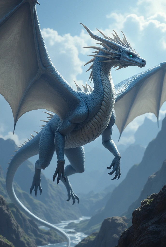 dragon with a silver-gray appearance. The dragon's eyes are light blue.