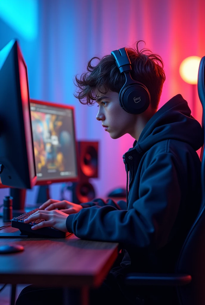 a 20 year old boy sitting on table with his great gaming setup and colourful background and headphone with his 3 to PC looking in front
