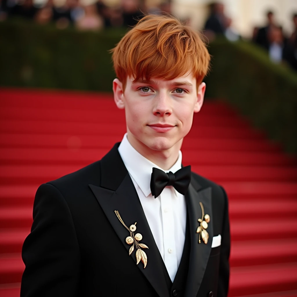 Young redhead man with a handsome face, short straight hair, on a red carpet wearing a suit with elegant leaf details