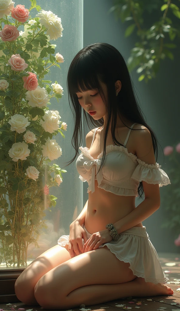 {{{{{3,318 trillion pixels high resolution, nsfw, Realistic scenery and lovely Japanese girl who is moaning madly as she masturbates with her fingers in her cunt for the first time, thicken the lips look pretty, Boobs are fluffy and bouncy, Tits that get rounder bigger her deep tight cleavage}}}}},{{{{{Her thick pubic hair in the her nudity body, A neat girl who stands on her knees and opens her crotch traces her crotch with her fingertips and with a moan experiences her first climax and becomes a little more mature and innocent masturbator, It's too clean and innocent to see her go into her own world nipples out mouth open panting and masturbating as she climaxes over and over again, magical in a romantic Cylindrical crystal herbarium showcase filled with female hormones, Herbarium-soaked her tits become so plump and her tits grows sexier while she still looks like a girl, Cuteness preserved forever shining in exchange for life from her, wearing cute ribbon blouse, frills scrunchie on her wrist, her beautiful slender underbust, slender curvy cute waistline, an lewd fetish for lips and necks and waistlines, her clearer nip line from underbust to hips, gloomy straight wig, thick vivid lips}}}}},{{Extremely detailed}},{{{{{heroine girl's Sexually unused body with pure and innocent aura}}}}}