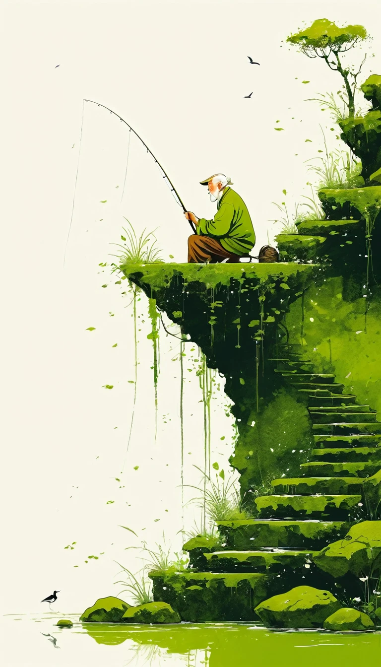 中国水墨画sketch：Light Ink，Lowercase，sketch，artistic conception，Old man on mossy steps，fishing，Minimalism，(((Negative Space,Bottom left composition)))