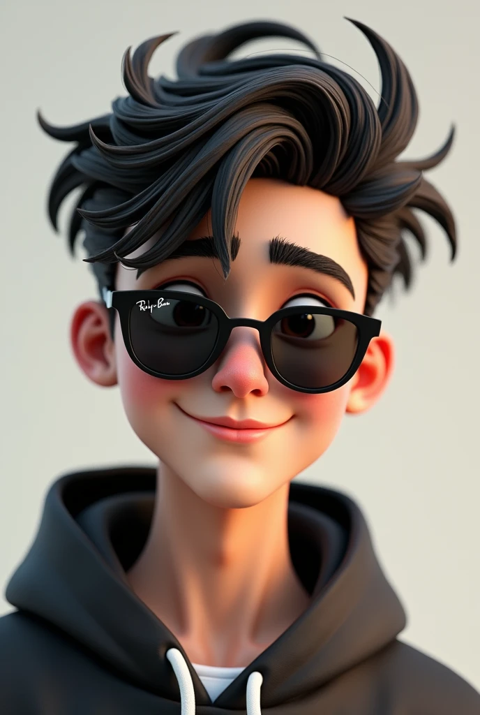 A age male with dark brown eyes, with broken hair, thick lips, high, thin and with a nice smile, put on black rayban sunglasses,3d render