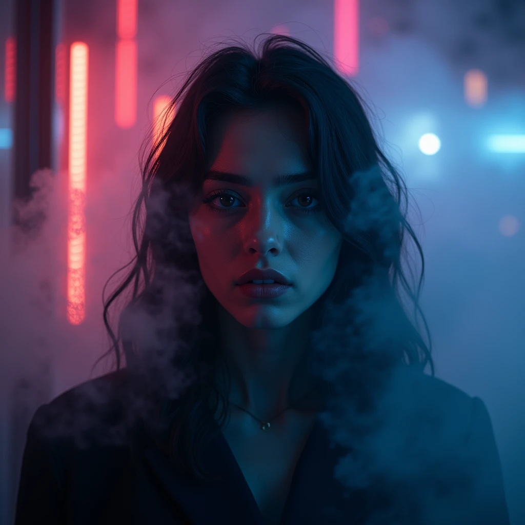 cover for the track called "What you know?" (Young woman, neon, blurred background, blurred foreground, Swirling fog, beautiful dynamic dramatic dark moody lighting, volume, shadows, cinematic atmosphere, depth of field:1.3)