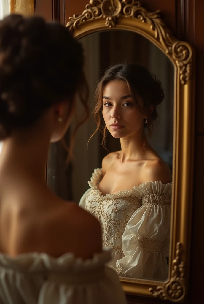 A woman looking in the mirror renaissance photo warm background