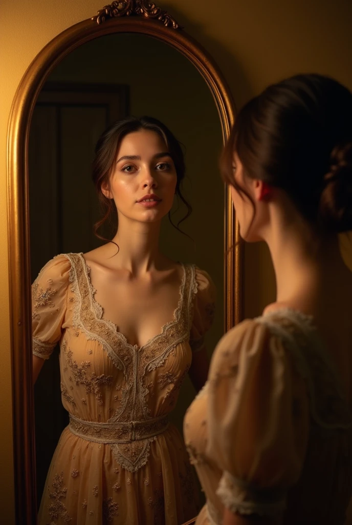 A woman looking in the mirror renaissance photo warm background  