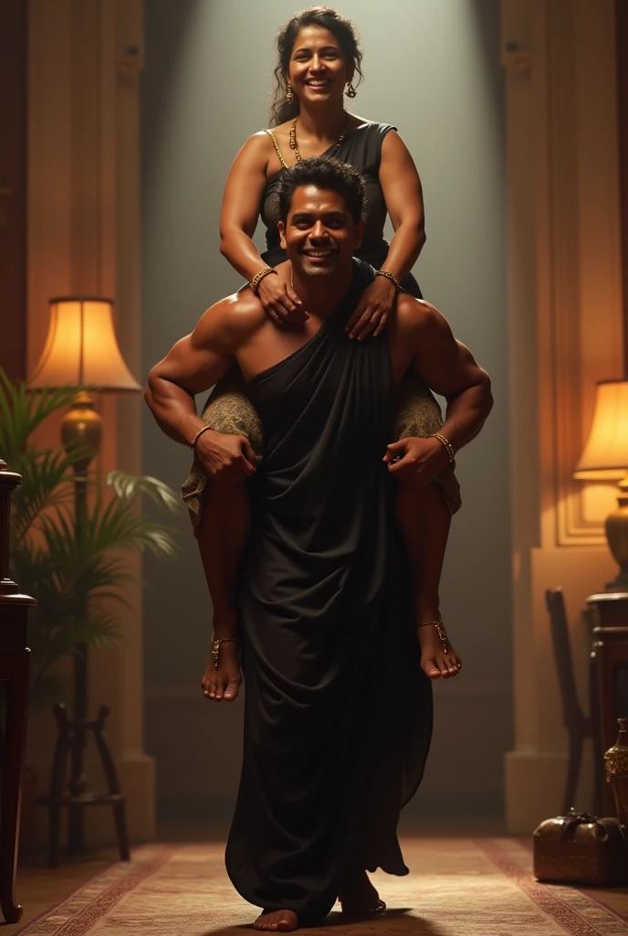 Create a scene where inside a room a fair, smiling and beautiful Indian woman in black satin salwar is carrying a large man on her shoulders, man is sitting on her shoulders , dynamic lighting