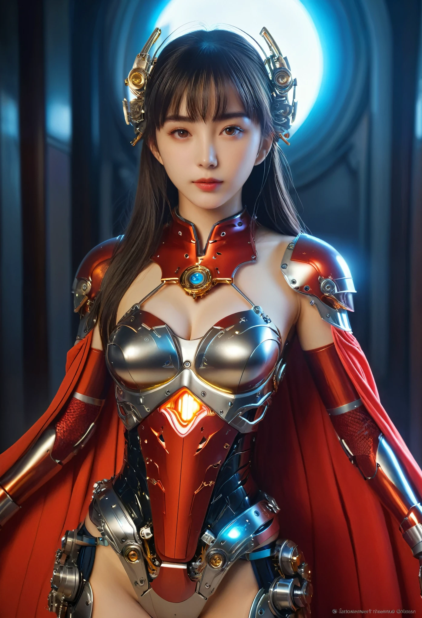 (Best Quality, 4K, 8K, High Resolution, Masterpiece: 1.2), (Super Detailed, Realistic, Photorealistic:1.37), A woman in futuristic clothing, Trending on cgstation, Trending on cgstation, (Portrait of a girl in the Knights of the Zodiac:1.4), blunt bangs, Cute Cyborg Girl, Perfect android girl, Portrait Astronaut Girl, Beautiful girl cyborg, (Girl wearing iridescent red mechanical cyber armor:1.3), Game CG, cgsociety and fenghua zhong, Beautiful Cyborg Shrine Maiden, Bioluminescence, (Yua Yaiba:0.5), (Golden eyes:1.5), Anatomically correct grip, (Sharp and long claws:1.4), erotic and sexy, black, wearing a cape