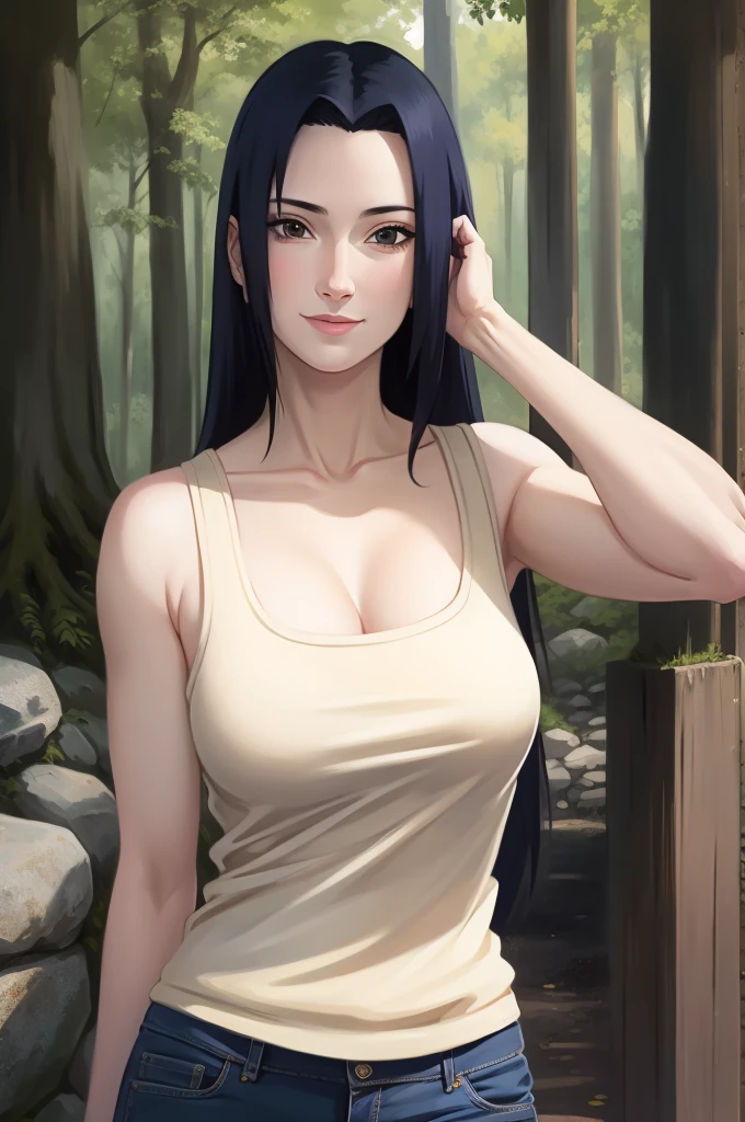 Mikoto Uchiha, oil painting, ultra-detailed, realistic, portrait, vivid colors, soft lighting, (best quality,4k,8k,highres,masterpiece:1.2), professional, long black hair, black eyes, beautiful detailed eyes and face, extremely detailed smile, long eyelashes, looking at viewer, very short top, big ass, bare shoulders, white shorts, outdoors, forest, cowboy shot, clavicle.