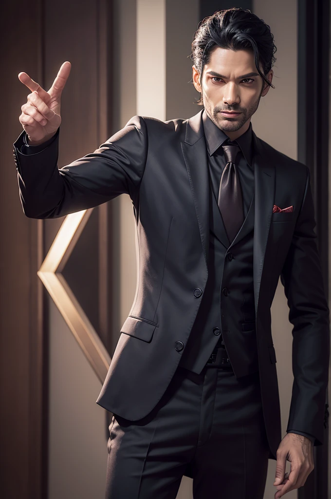 Lucifer with his hand outstretched breaking the fourth wall