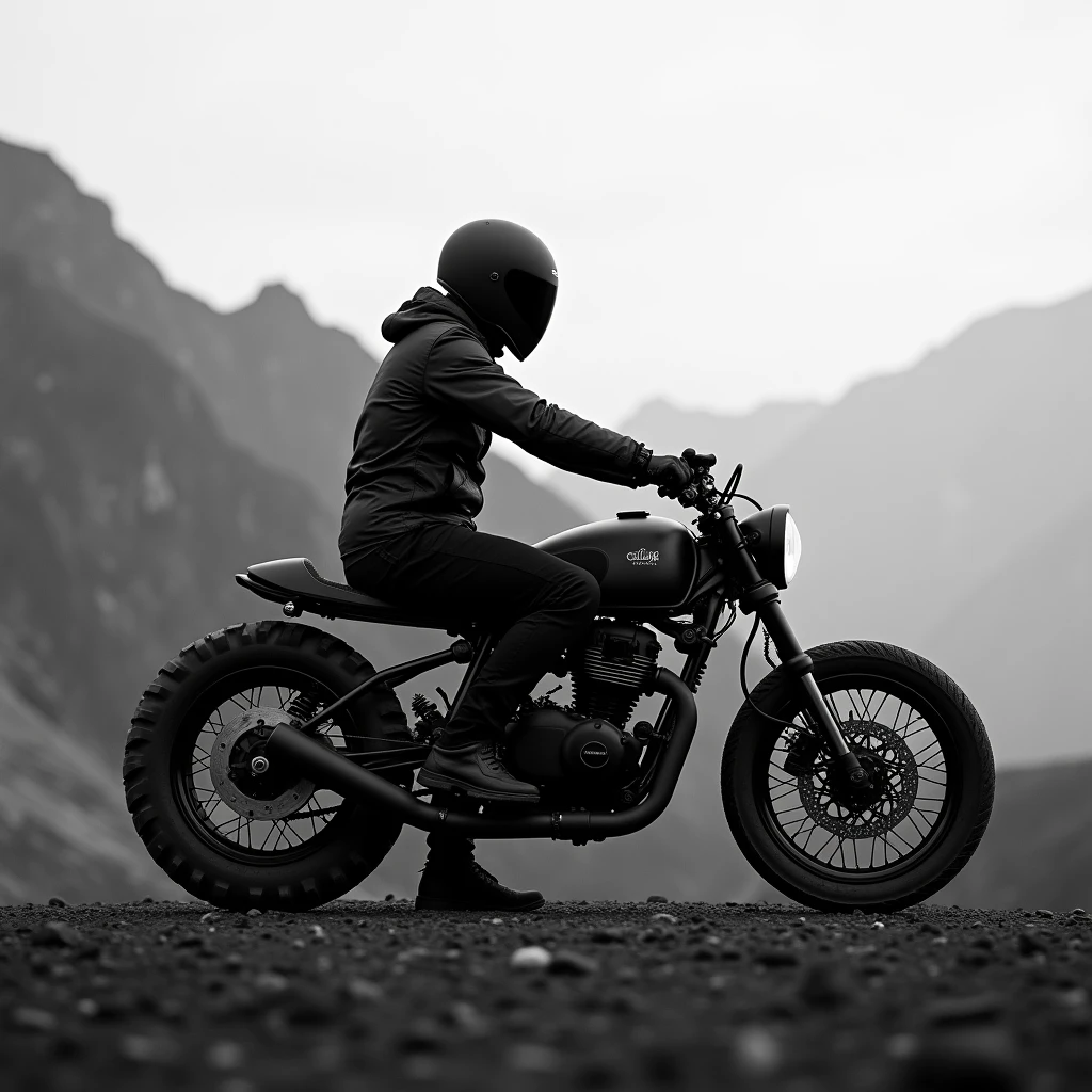 Create a black and white image of a lone motorcyclist with a landscape in the background, but the bike should be a naked bike.