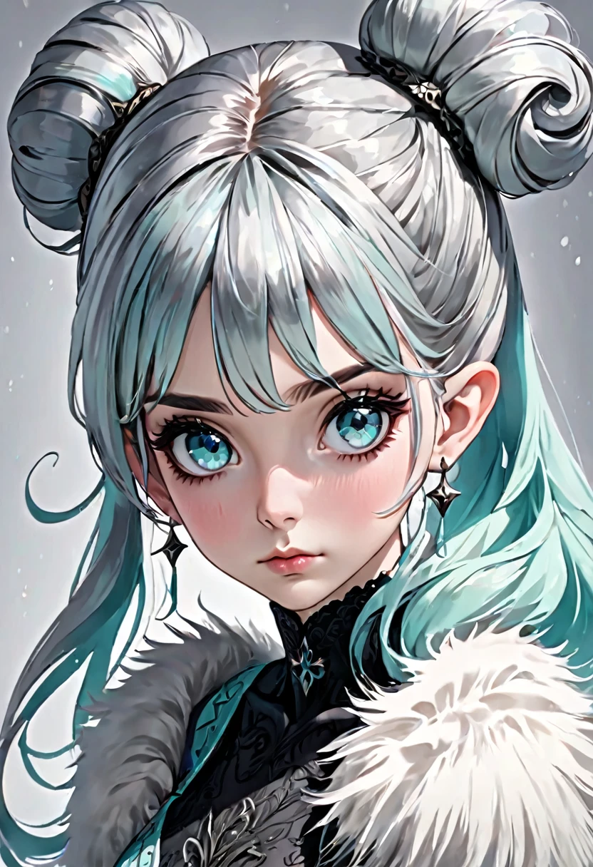 (masterpiece), (best quality half body), ultra realism, 1female, cold color scheme, looking at viewer, (silver_color_with_streaks_tied_bun_hairstyle, beautiful bangs, curls, forehead, hairclip), wearing Nordic fur, fur boots, Dracula teeth, elf ears, intricate detailed aqua eyes , pointy face, small eyes, soft smile, perfect anatomy, dynamic pose, intricate details,
