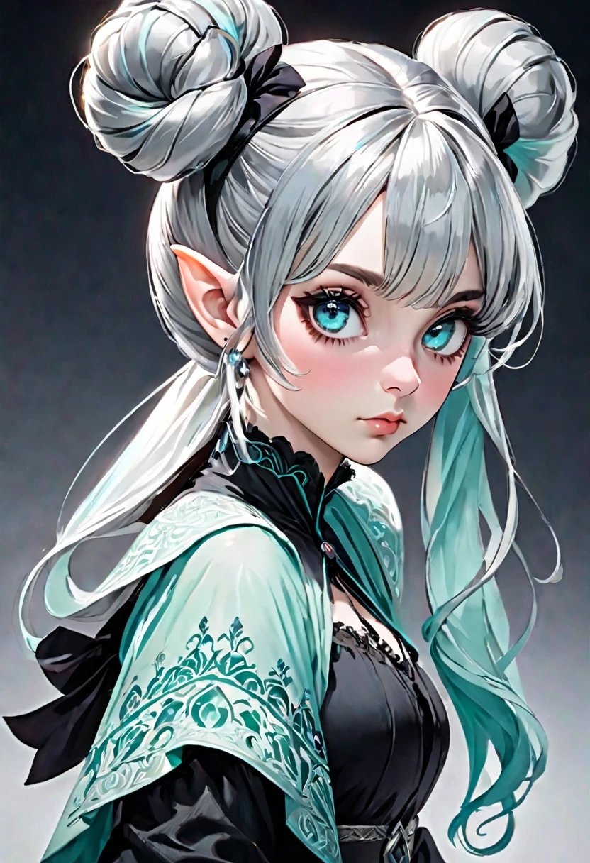 (masterpiece), (best quality half body), ultra realism, 1female, cold color scheme, looking at viewer, (silver_color_with_streaks_tied_bun_hairstyle, beautiful bangs, curls, forehead, hairclip), wearing Nordic fur, fur boots, Dracula teeth, elf ears, intricate detailed aqua eyes , pointy face, small eyes, soft smile, perfect anatomy, dynamic pose, intricate details,
