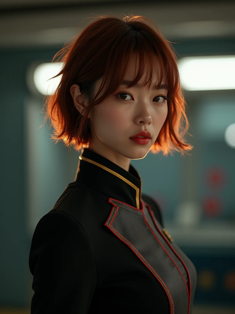 (Model shooting style), Lonely, Shiny Hair、 Extremely rich facial detail, 美Shii目, bright, さびShii目, Stunning beauty, (Rembrandt Lighting), ARRI Lenses, Surreal, (Skin with attention to detail:1.2),8k,ARRI ALEXA 35,White Promist, Dramatic Rim Light, high quality,とても繊細で美Shii, 素晴らShii, In detail, masterpiece, Very detailed, High resolution,Best Shot, Best Shadow,Complex,Sharp focus, high quality, alone.cute,美Shii肢体、Flexible muscles、美Shii尻、Lens flare,Beautiful breasts,Cool eyes,Glossy Lips,smile,Glowing Skin,Cinematography, Portrait Photography,
Earth Federation Forces。Lieutenant Matilda。Short reddish-brown hair。Black and gray two-tone uniform。Dark Eyes。Red Rouge。brightグレーの制帽に地球連邦軍のエンブレム、Black brim。brightグレーの制帽。Red cuffs。Gold decoration on the collar。
sexly。Slender。
Military ship 、Command Room。
Beauty。Beautiful breasts。Is saluting。In the left hand is the evaluation file.。
masterpiece、Highest quality、8k、uhd、High definition、Fine skin quality。Realistic、
From the waist up
(saluteをしている)、(Holding a file notebook under the arm)、Rin々Shii。The charm of an adult woman。salute。Put on a uniform cap。