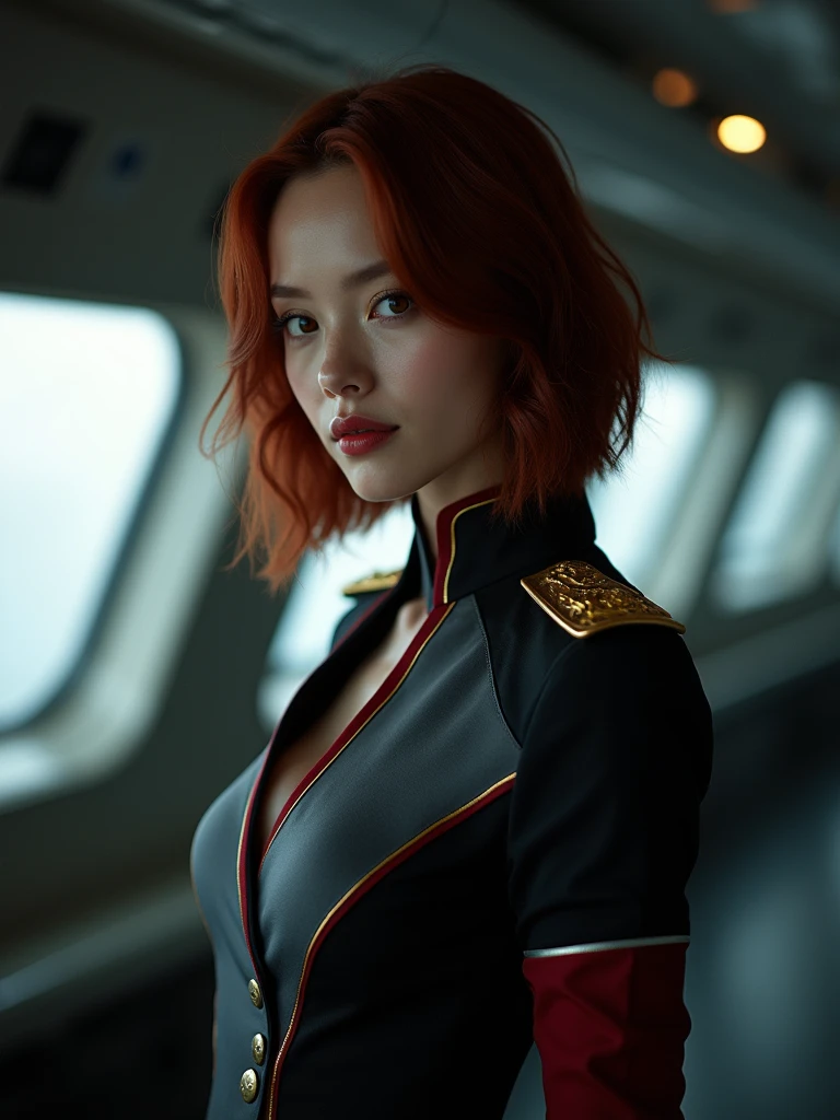 (Model shooting style), Lonely, Shiny Hair、 Extremely rich facial detail, 美Shii目, bright, さびShii目, Stunning beauty, (Rembrandt Lighting), ARRI Lenses, Surreal, (Skin with attention to detail:1.2),8k,ARRI ALEXA 35,White Promist, Dramatic Rim Light, high quality,とても繊細で美Shii, 素晴らShii, In detail, masterpiece, Very detailed, High resolution,Best Shot, Best Shadow,Complex,Sharp focus, high quality, alone.cute,美Shii肢体、Flexible muscles、美Shii尻、Lens flare,Beautiful breasts,Cool eyes,Glossy Lips,smile,Glowing Skin,Cinematography, Portrait Photography, 

Earth Federation Forces。Lieutenant Matilda。Short reddish-brown hair。Black and gray two-tone uniform。Dark Eyes。Red Rouge。brightグレーの制帽に地球連邦軍のエンブレム、Black brim。brightグレーの制帽。Red cuffs。Gold decoration on the collar。
sexly。Slender。
Military ship 、Command Room。
Beauty。Beautiful breasts。Is saluting。In the left hand is the evaluation file.。
masterpiece、Highest quality、8k、uhd、High definition、Fine skin quality。Realistic、
From the waist up
(saluteをしている)、(Holding a file notebook under the arm)、Rin々Shii。The charm of an adult woman。salute。Put on a uniform cap。