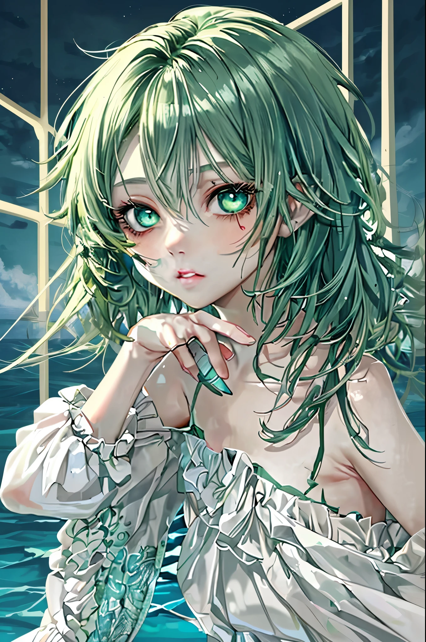 male, green messy wolfcut hair deep ocean eyes, feminine face, small lips, big eyes, shota
