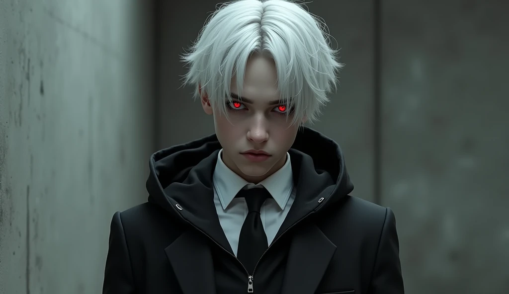 White-haired, red-eyed androgynous girl in suit and black hoodie