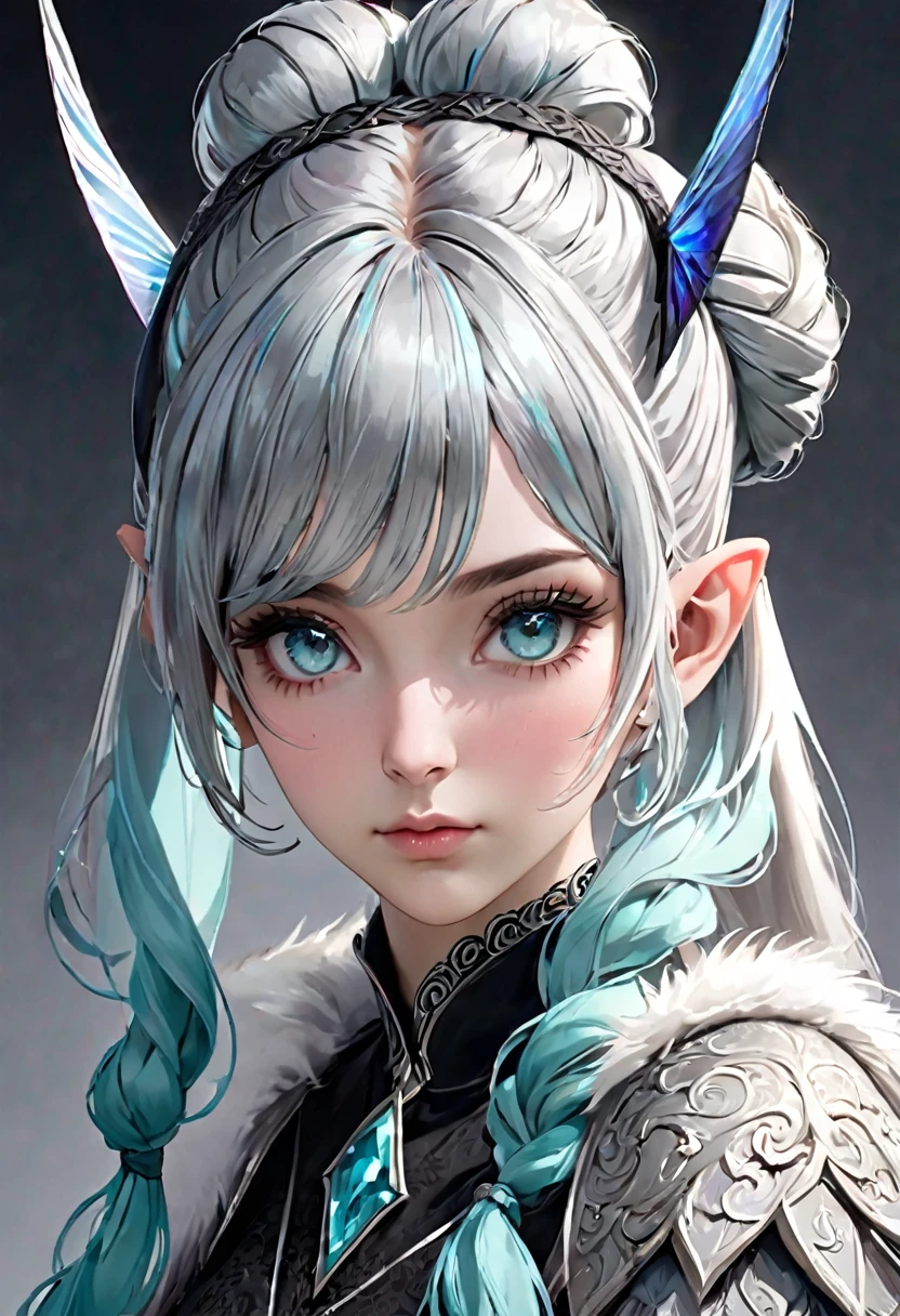 (masterpiece), (best quality half body), ultra realism, 1female, cold color scheme, looking at viewer, (silver_color_with_streaks_tied_bun_hairstyle, beautiful bangs, curls, forehead, hairclip), wearing Nordic fur, fur boots, Dracula teeth, elf ears, intricate detailed aqua eyes , pointy face, small eyes, soft smile, perfect anatomy, dynamic pose, intricate details,
