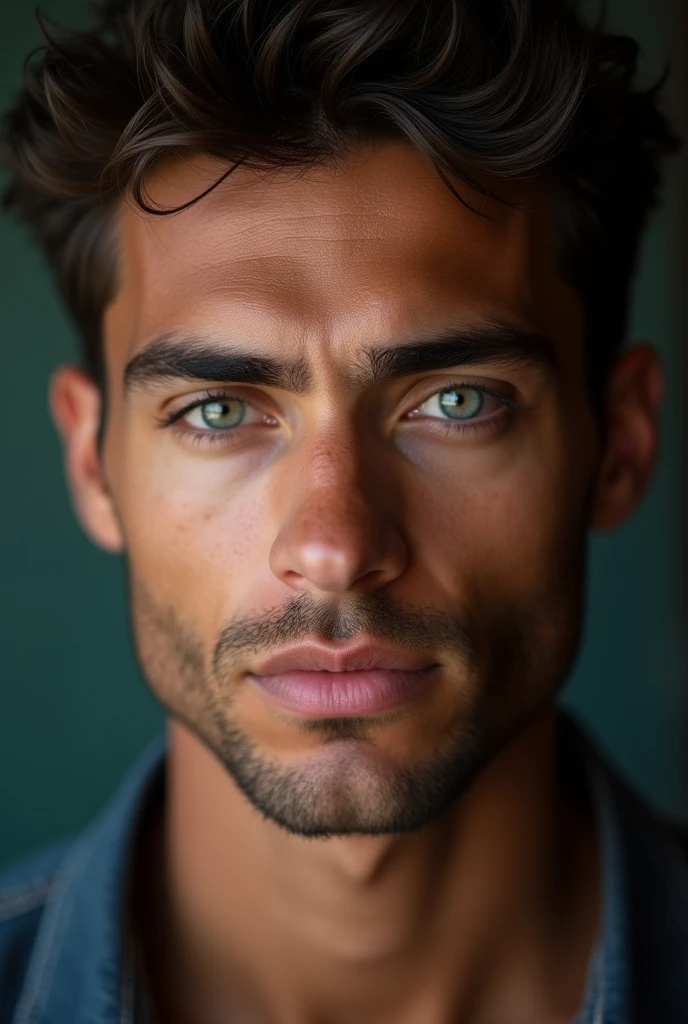 A 27 year old handsome man with brown skin and dark brown curly short hair heterochromia blue and green eyes shaved face sleek nose sharp cheekbones and jawline small smile