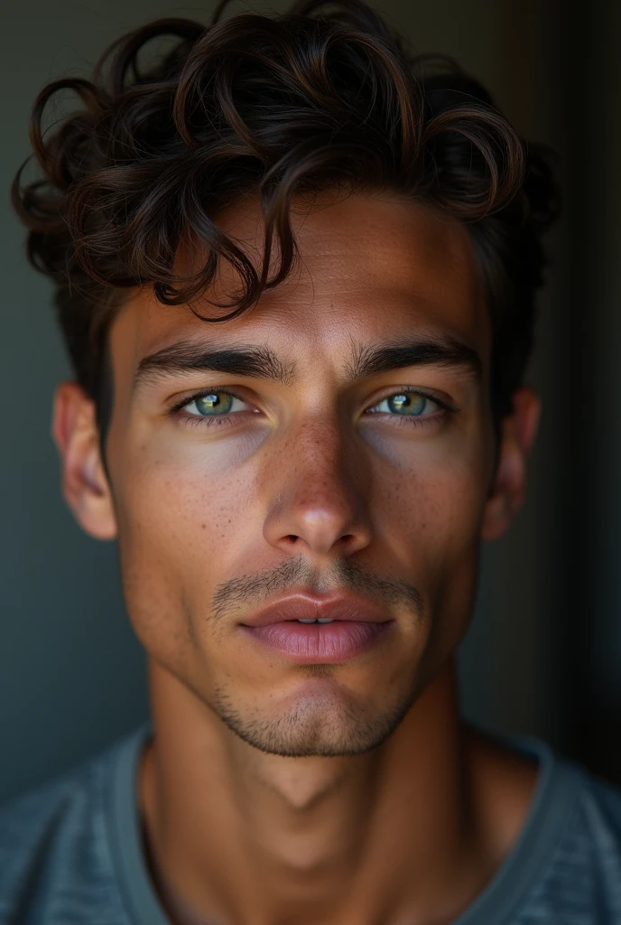 A 27 year old handsome man with  brown skin and dark brown curly short hair heterochromia blue and green eyes shaved face sleek nose sharp cheekbones and jawline small smile 